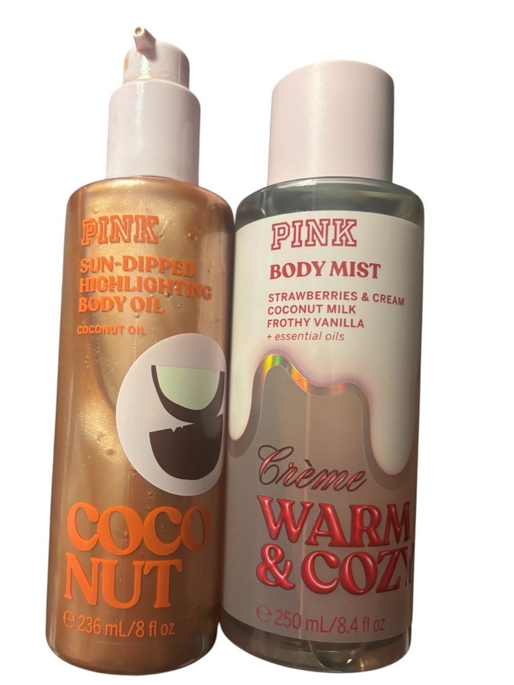 Pink sun dipped highlighting body oil and body mist